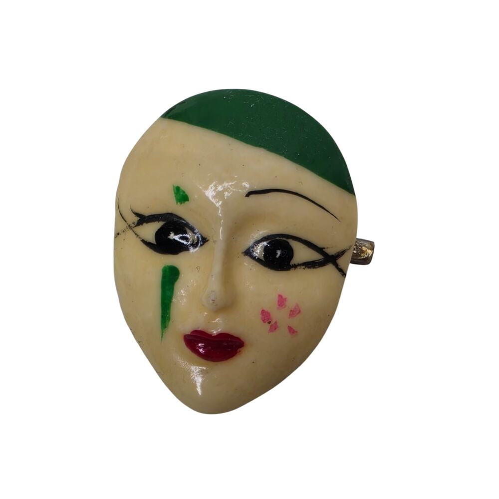 Vintage Mardi Gras Mask Brooch Pin Face Mask w/ Green Painted Scarf 1.5 Inch